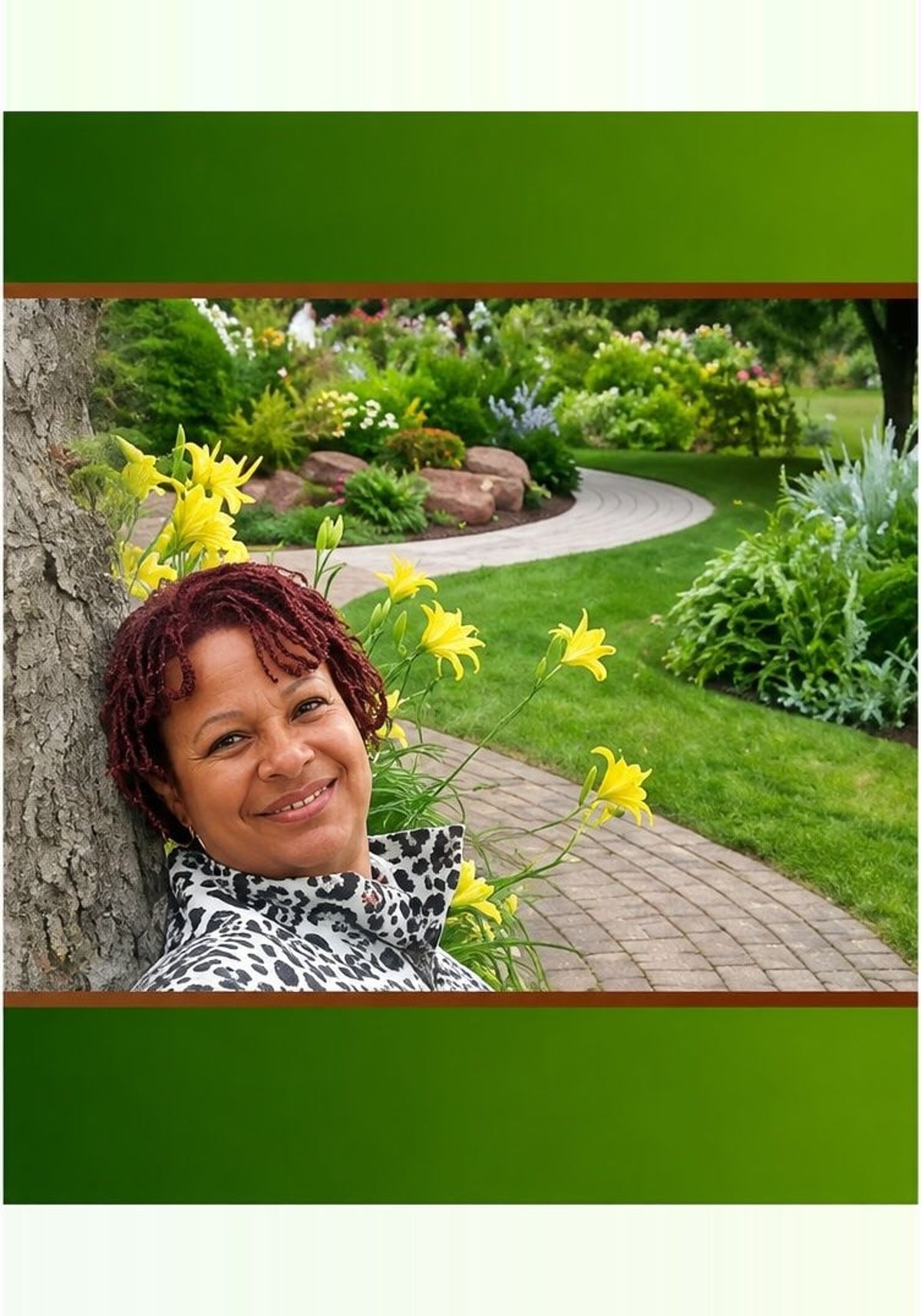 The cover of In The Garden, showing Ruth‑Ann Thompson resting against a tree trunk among yellow daylilies, with a brick path curving away through a flower garden behind her