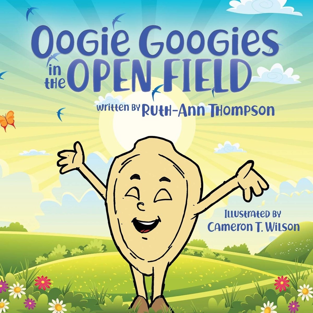 The cover of Oogie Googies in the Open Field, showing a smiling illustrated acorn character with arms flung wide against a sunrise